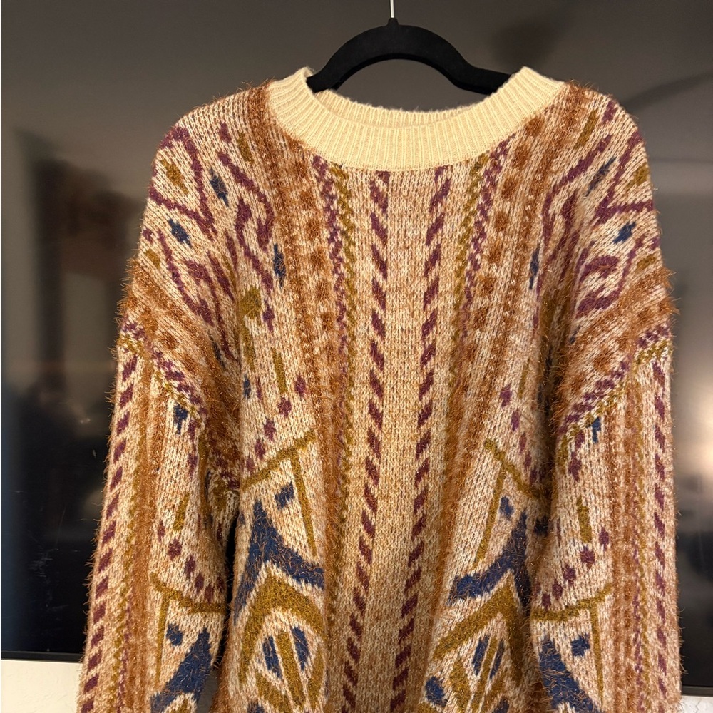 Textured Fair Isle Crewneck Sweater in Beige, Rust & Navy